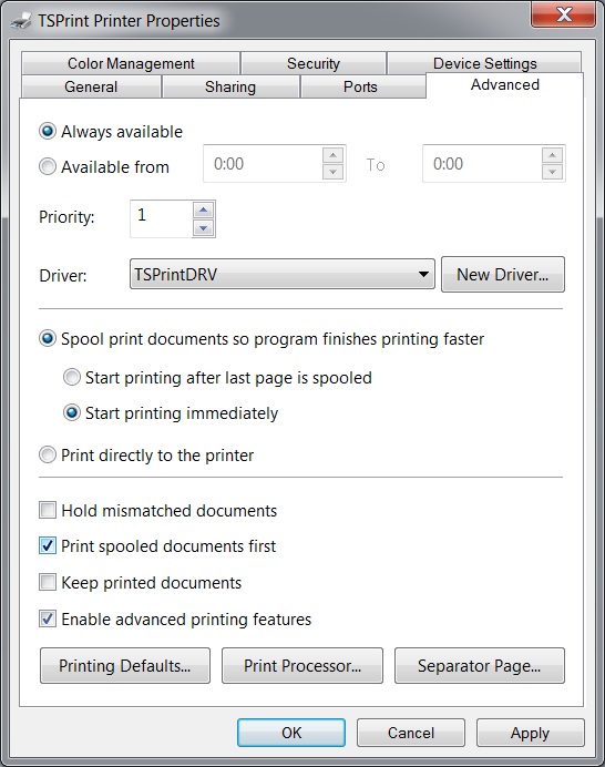 TSPrint Printer Properties